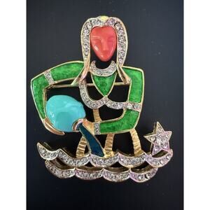 De Nicola Aquarius Zodiac Brooch Pin Green Enamel Crystal Rhinestones Vintage